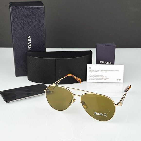 Prada PR73ZS 5AK01T Sunglasses Shiny Gold Dark Brown Pilot Unisex PR 73ZS - Picture 1 of 8